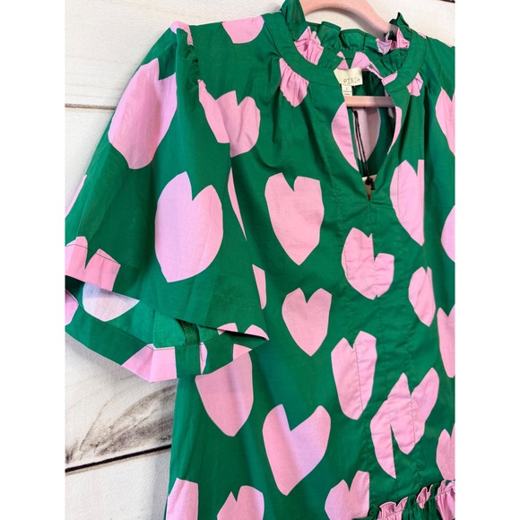 Pinch Tina Dress Green Pink Heart Print Cotton Ruffle Mini Dress Large NEW - Picture 2 of 6